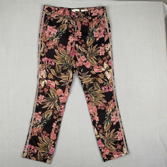 Anthropologie Black Pink Floral Tuxedo Stripe Relaxed Fit Chino Pants Women 30 - Picture 2 of 7